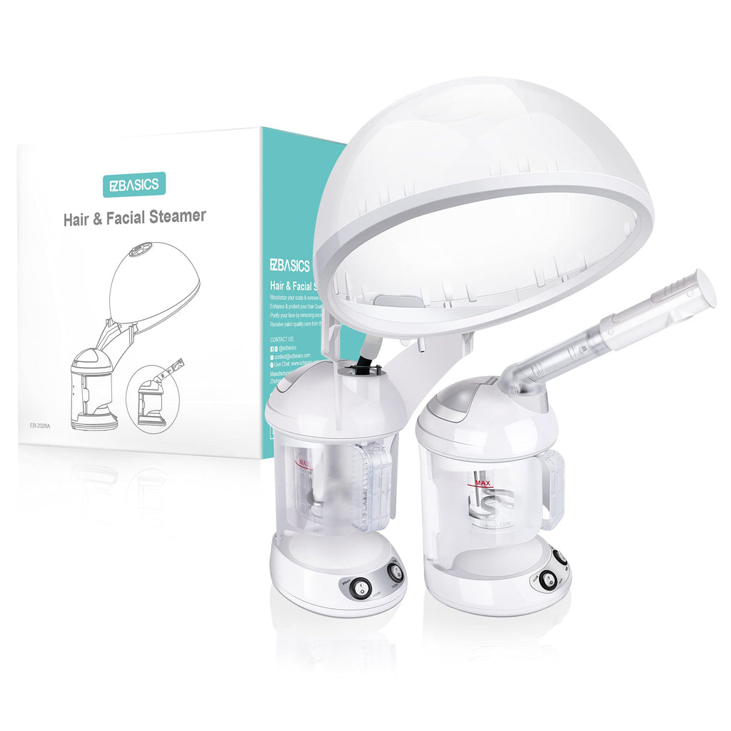 EZBASICS Hair Steamer 2 in 1 Ion Facial Steamer with Extendable Arm Table Top Hair Humidifier Hot Mist Moisturizing Facial Atomizer Spa Face Steamer Design for Personal Care Use at Home 1 Pack + 2Uses